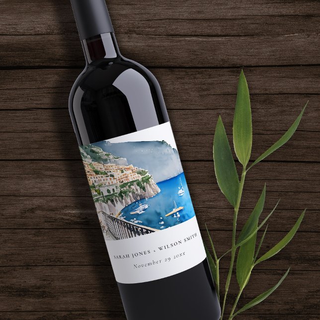 Étiquette Pour Bouteilles De Vin Amalfi Coast Italie Aquarelle Mariage Paysage (Créateur téléchargé)