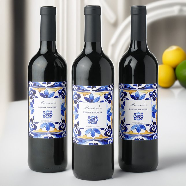 Étiquette Pour Bouteilles De Vin Amalfi Vietri Italien carrelage bleu douche nuptia (Amalfi Vietri Italian blue tiles bridal shower personalized Wine Label bridal shower tableware)