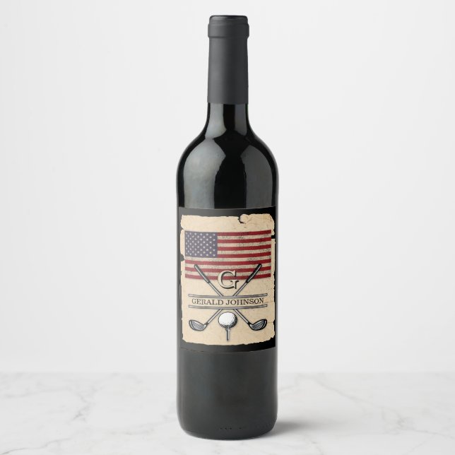 Étiquette Pour Bouteilles De Vin American Flag Golf Monogramme Design (Devant)