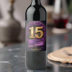 Étiquette Pour Bouteilles De Vin Amethyst Chrysanthemum 15e anniversaire de Mariage