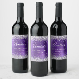 Étiquette Pour Bouteilles De Vin Améthyste argentée pailletée 50e anniversaire