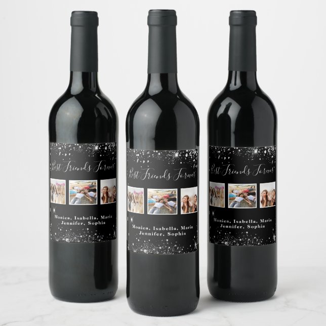 Étiquette Pour Bouteilles De Vin Amis pour toujours paillettes noires argentées (Bouteilles)