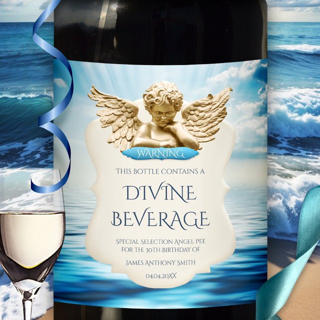 Étiquette Pour Bouteilles De Vin Amusant Humour néerlandais Angel Anniversaire Étiq (Funny angel pee divine beverage ocean personalized wine label)