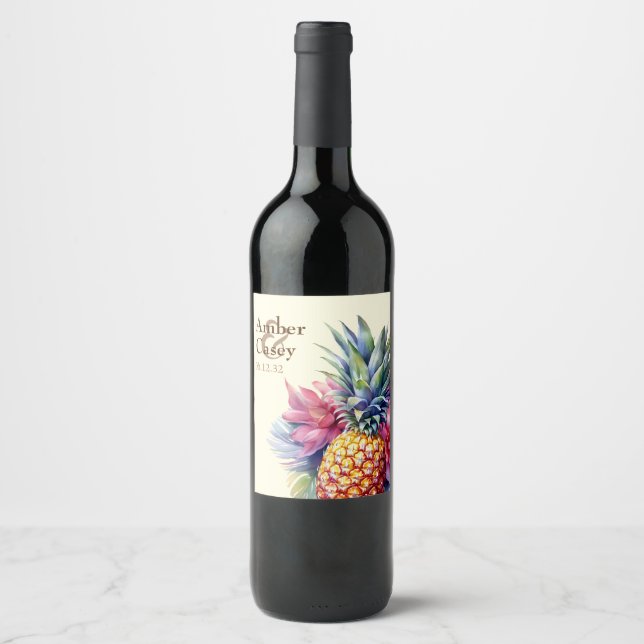 Étiquette Pour Bouteilles De Vin Ananas aquarelle nom et date (Devant)
