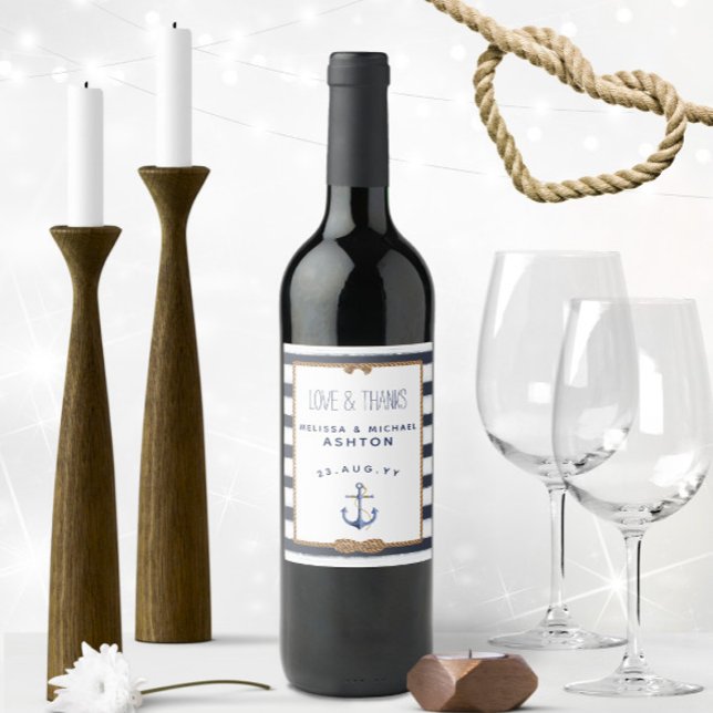 Étiquette Pour Bouteilles De Vin Ancre nautique Mariage d'événements bleu et blanc  (Nautical Love & Thanks Personalized Nautical Wedding Wine Labels with Navy Blue and White Stripes)