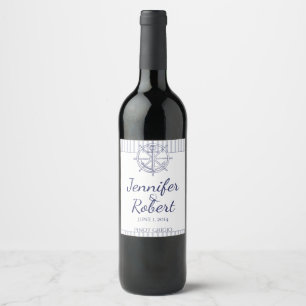 Étiquette Pour Bouteilles De Vin Ancre nautique sur le Étiquette de vin gris rayé