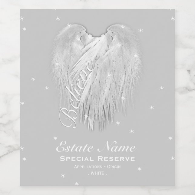 Étiquette Pour Bouteilles De Vin ANGEL WINGS 'Croire' Coeur magique (Étiquettes simples)