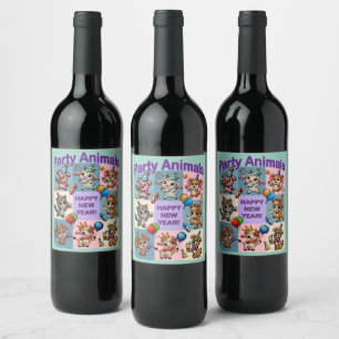 Étiquette Pour Bouteilles De Vin Animaux de fête "Bonne année"