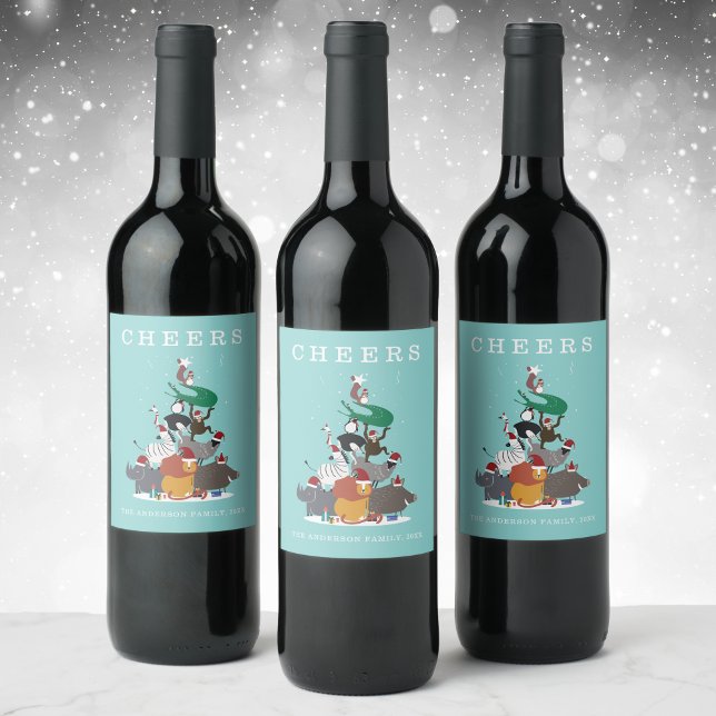 Étiquette Pour Bouteilles De Vin Animaux sauvages Noël Arbre de Noël (Wildlife Animals Christmas Tree Holiday Wine Label)