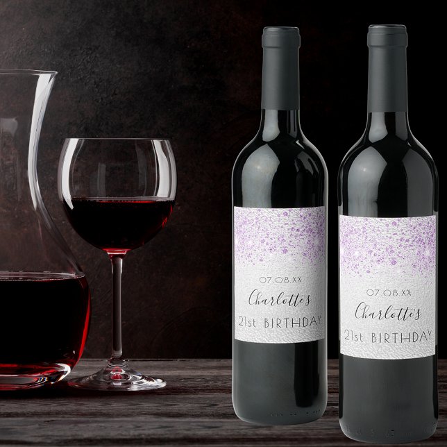 Étiquette Pour Bouteilles De Vin Anniversaire argent parties scintillant violet mét (Créateur téléchargé)