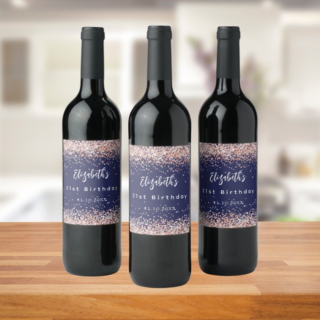 Étiquette Pour Bouteilles De Vin Anniversaire bleu marine rose confetti d'or (Créateur téléchargé)