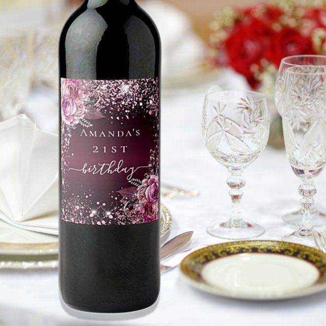 Étiquette Pour Bouteilles De Vin Anniversaire bordeaux rose parties scintillant nom (Créateur téléchargé)