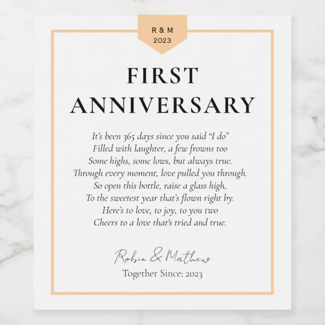 Étiquette Pour Bouteilles De Vin Anniversaire de mariage PREMIER ANNIVERSAIRE (Étiquettes simples)