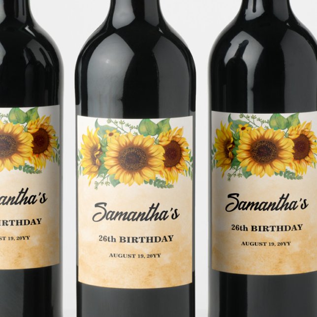 Étiquette Pour Bouteilles De Vin Anniversaire de tournesol rustique (Créateur téléchargé)