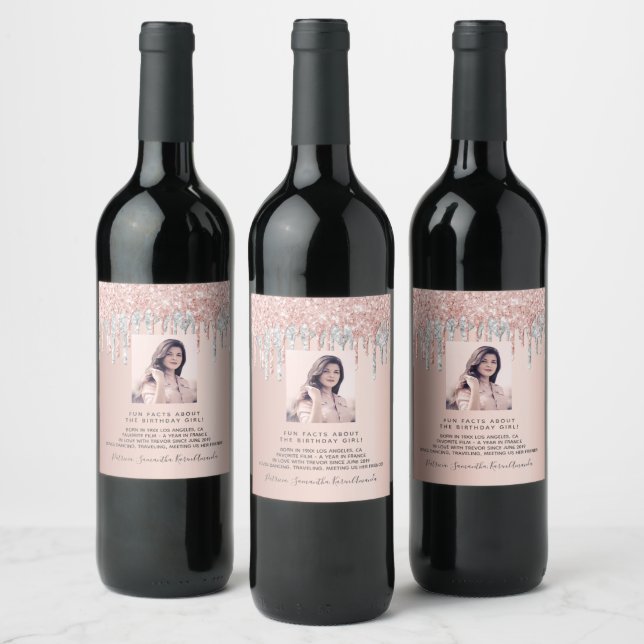 Étiquette Pour Bouteilles De Vin Anniversaire photo rose argent fun faits bio (Bouteilles)
