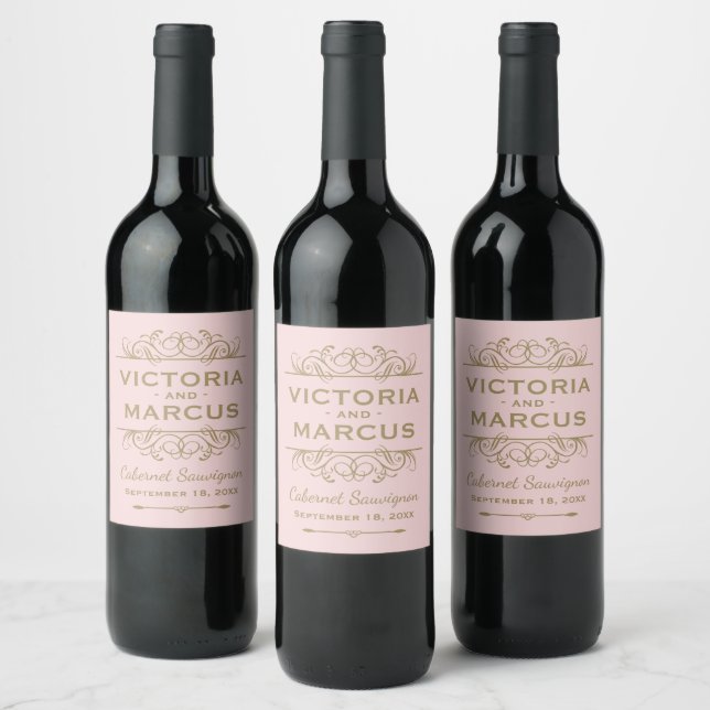 Étiquette Pour Bouteilles De Vin Antique Mariage or Monogram Pink Bottle Favoriser (Bouteilles)