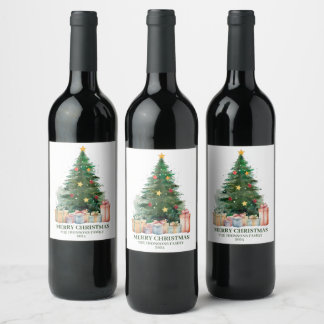 Étiquette Pour Bouteilles De Vin Aquarelle Arbre de Noël avec cadeaux