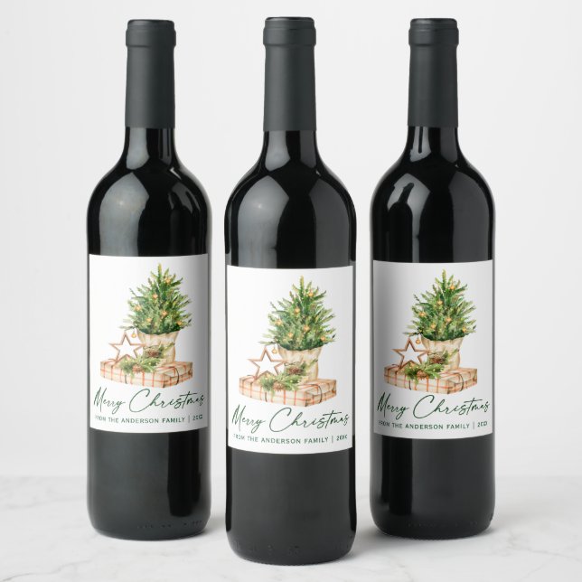 Étiquette Pour Bouteilles De Vin Aquarelle Arbre de Noël Calligraphie Encre Script (Bouteilles)