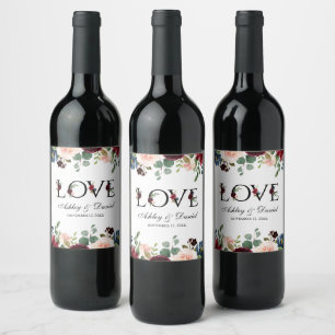 Étiquette Pour Bouteilles De Vin Aquarelle Bleu Bourgogne Floral Love Mariage