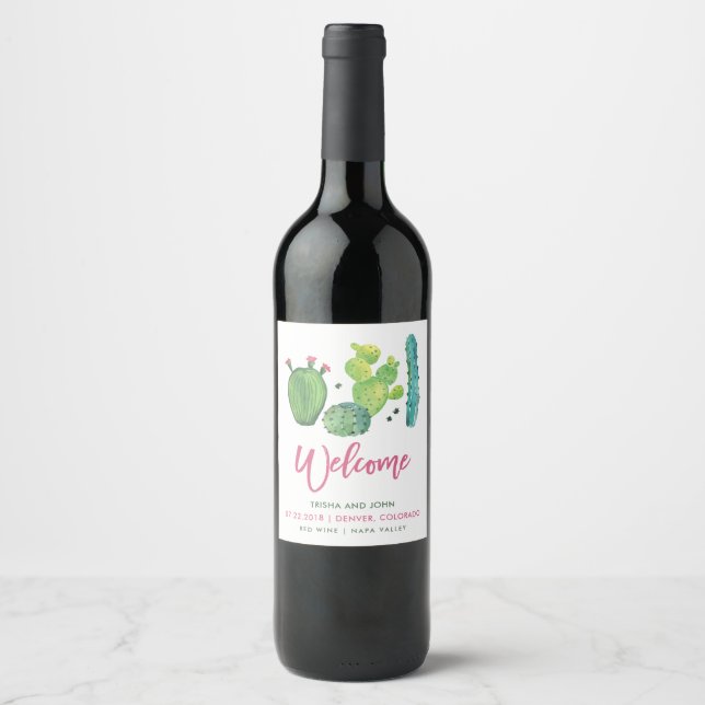 Étiquette Pour Bouteilles De Vin Aquarelle Boho Cactus Mariage Vin Étiquette (Devant)