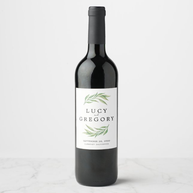 Étiquette Pour Bouteilles De Vin Aquarelle Botanique Feuilles Mariage Faveur (Devant)