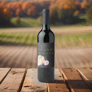 Étiquette Pour Bouteilles De Vin Aquarelle Chute Citrouille Thanksgiving Noir