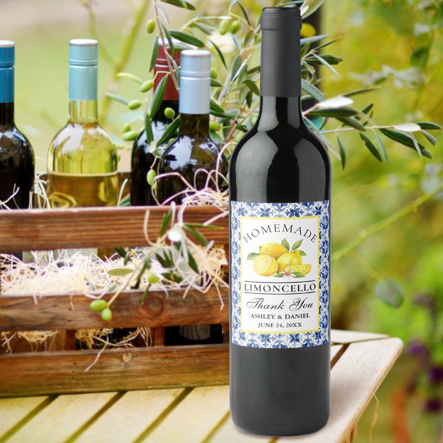 Étiquette Pour Bouteilles De Vin Aquarelle Citrons Carrelage bleu Limoncello Étique (Customize to change text size, color or text style.)