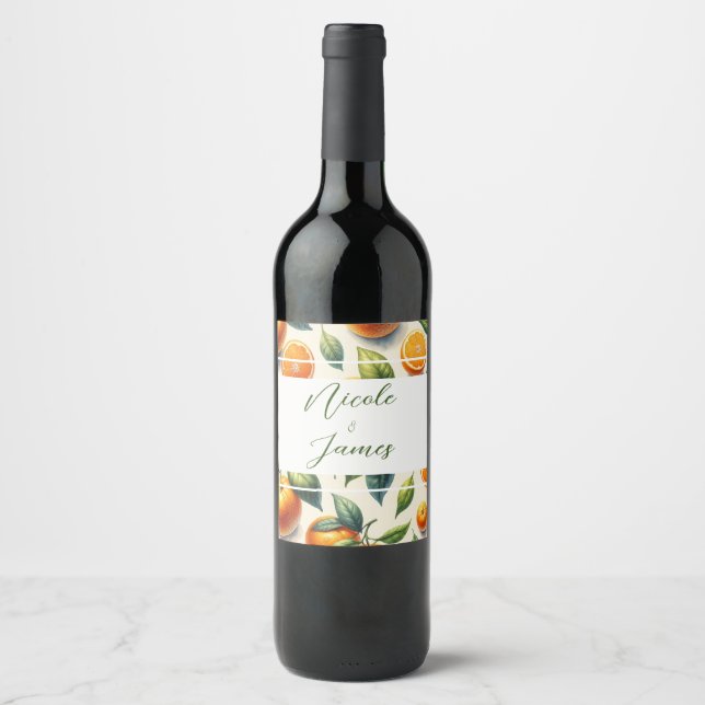 Étiquette Pour Bouteilles De Vin Aquarelle Citrus Orange Feuille Mariage (Devant)