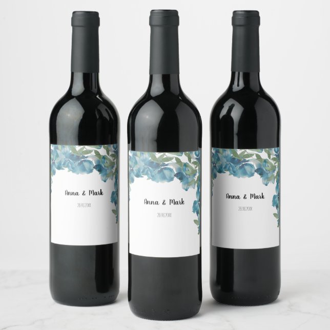 Étiquette Pour Bouteilles De Vin Aquarelle de fusion florale bleu peinte à la main (Bouteilles)