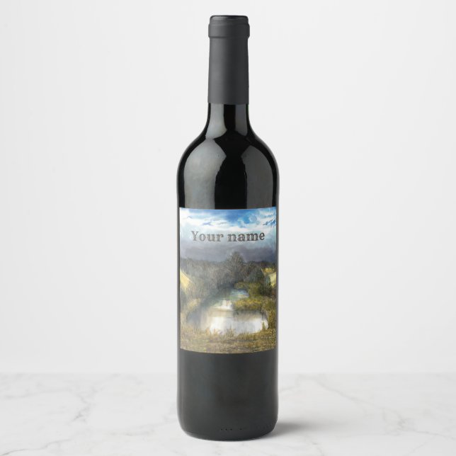 Étiquette Pour Bouteilles De Vin aquarelle de l'étang d'automne (Devant)