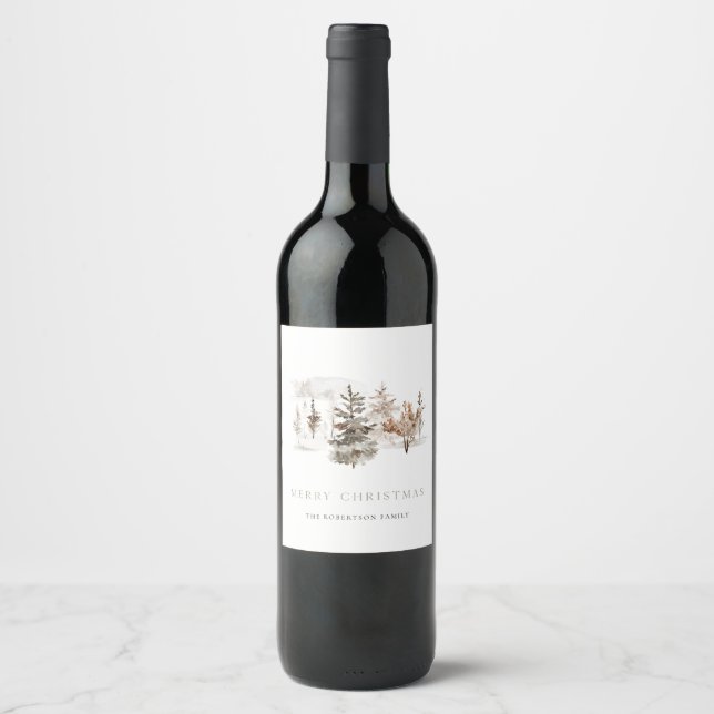 Étiquette Pour Bouteilles De Vin Aquarelle de Noël Bouteille de paysage d'hiver (Devant)