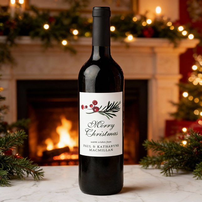 Étiquette Pour Bouteilles De Vin Aquarelle de Noël moderne et élégant Botanique (Créateur téléchargé)