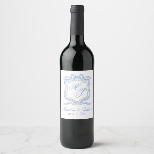 Étiquette Pour Bouteilles De Vin Aquarelle Designer Blue Monogram Crest (Devant)