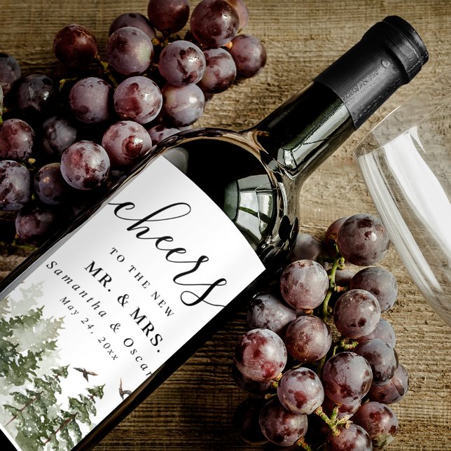 Étiquette Pour Bouteilles De Vin Aquarelle d'hiver moderne Forêt verte avec neige (Créateur téléchargé)