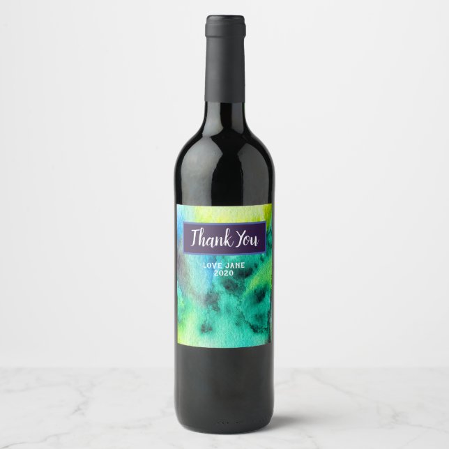 Étiquette Pour Bouteilles De Vin Aquarelle en marbre bleu vert (Devant)