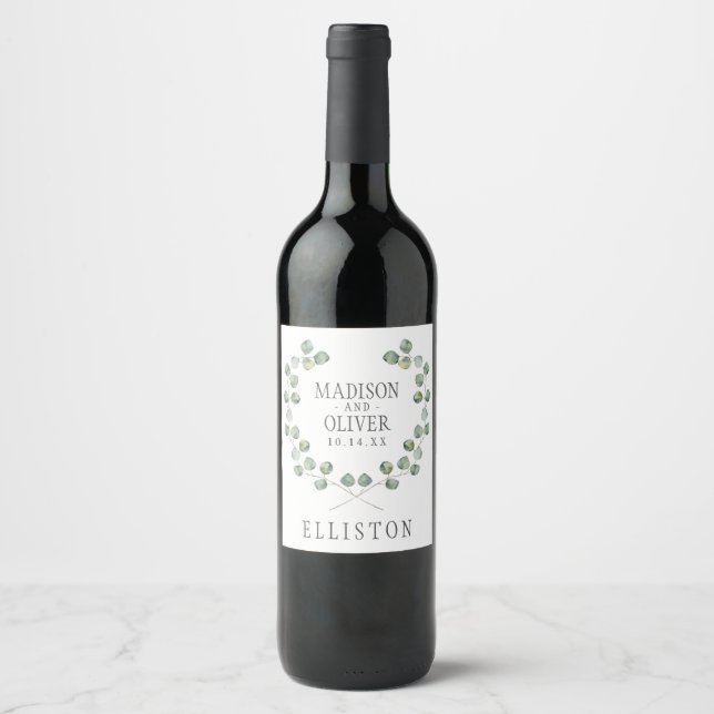 Étiquette Pour Bouteilles De Vin Aquarelle Eucalyptus cadre feuille | MARIAGE (Devant)