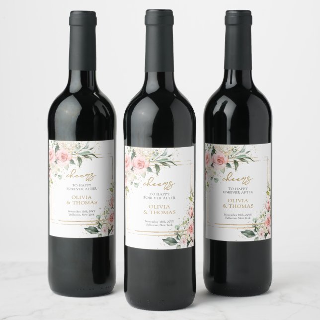 Étiquette Pour Bouteilles De Vin Aquarelle fleurs blush eucalyptus or mariage (Bouteilles)
