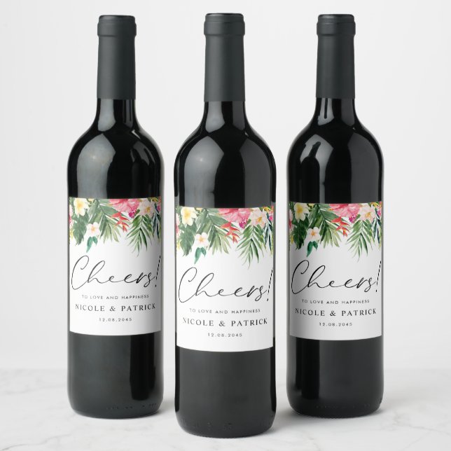 Étiquette Pour Bouteilles De Vin Aquarelle Fleurs tropicales Mariage d'été (Bouteilles)