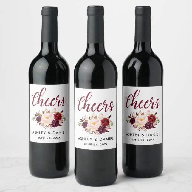 Étiquette Pour Bouteilles De Vin Aquarelle Floral Bourgogne Mariage Cheveux (Bouteilles)