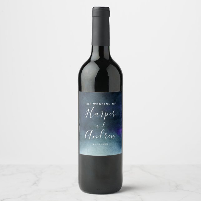 Étiquette Pour Bouteilles De Vin Aquarelle Mariage bleu marine (Devant)