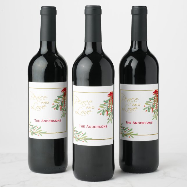 Étiquette Pour Bouteilles De Vin Aquarelle Mistletoe & Or | Vacances personnalisées (Bouteilles)