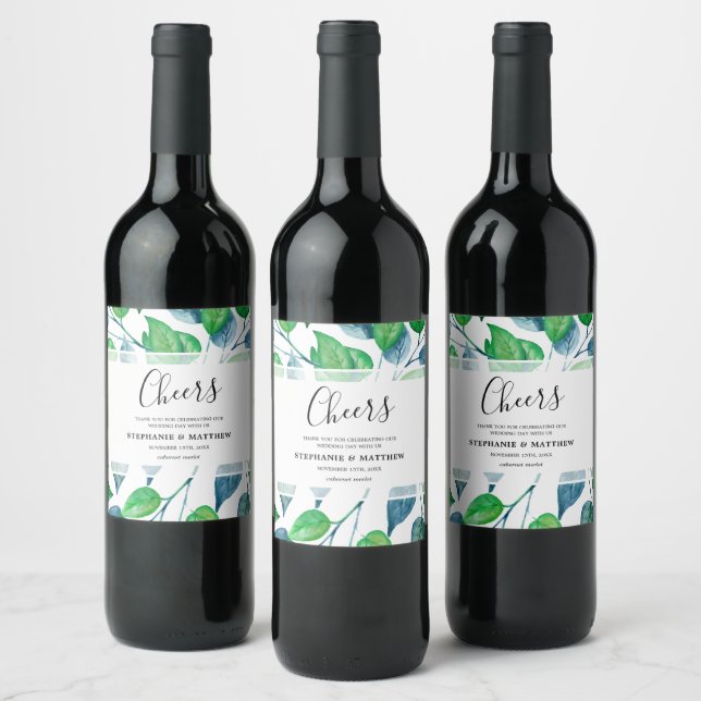 Étiquette Pour Bouteilles De Vin Aquarelle moderne Mariage Feuille (Bouteilles)
