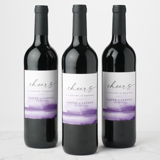 Étiquette Pour Bouteilles De Vin Aquarelle moderne | Purple Cheers Mariage (Bouteilles)