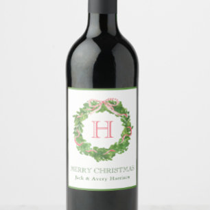 Étiquette Pour Bouteilles De Vin Aquarelle Monogramme de Noël à bille