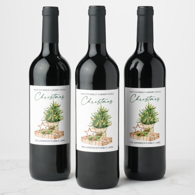 Étiquette Pour Bouteilles De Vin Aquarelle Pines Calligraphie Ink Holiday (Bouteilles)