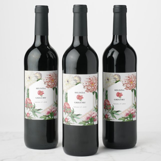 Étiquette Pour Bouteilles De Vin Aquarelle rose blanc pivoines Mariage (Bouteilles)