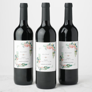 Étiquette Pour Bouteilles De Vin Aquarelle rose Fleurs blanches Vert Cadre Baptême