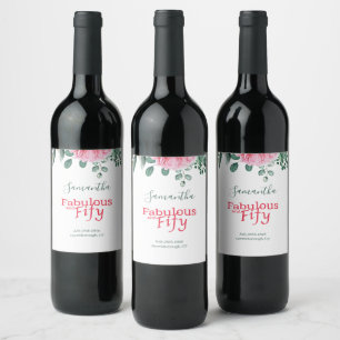 Étiquette Pour Bouteilles De Vin Aquarelle rose Floral 50e fête d'anniversaire Fave