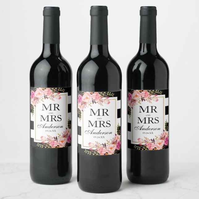 Étiquette Pour Bouteilles De Vin Aquarelle rose Floral noir blanc rayé (Bouteilles)