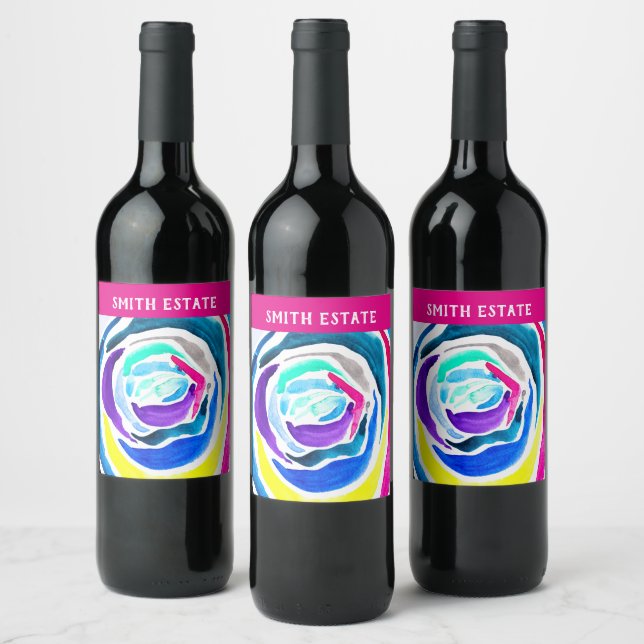 Étiquette Pour Bouteilles De Vin Aquarelle rose pop art bleu (Bouteilles)